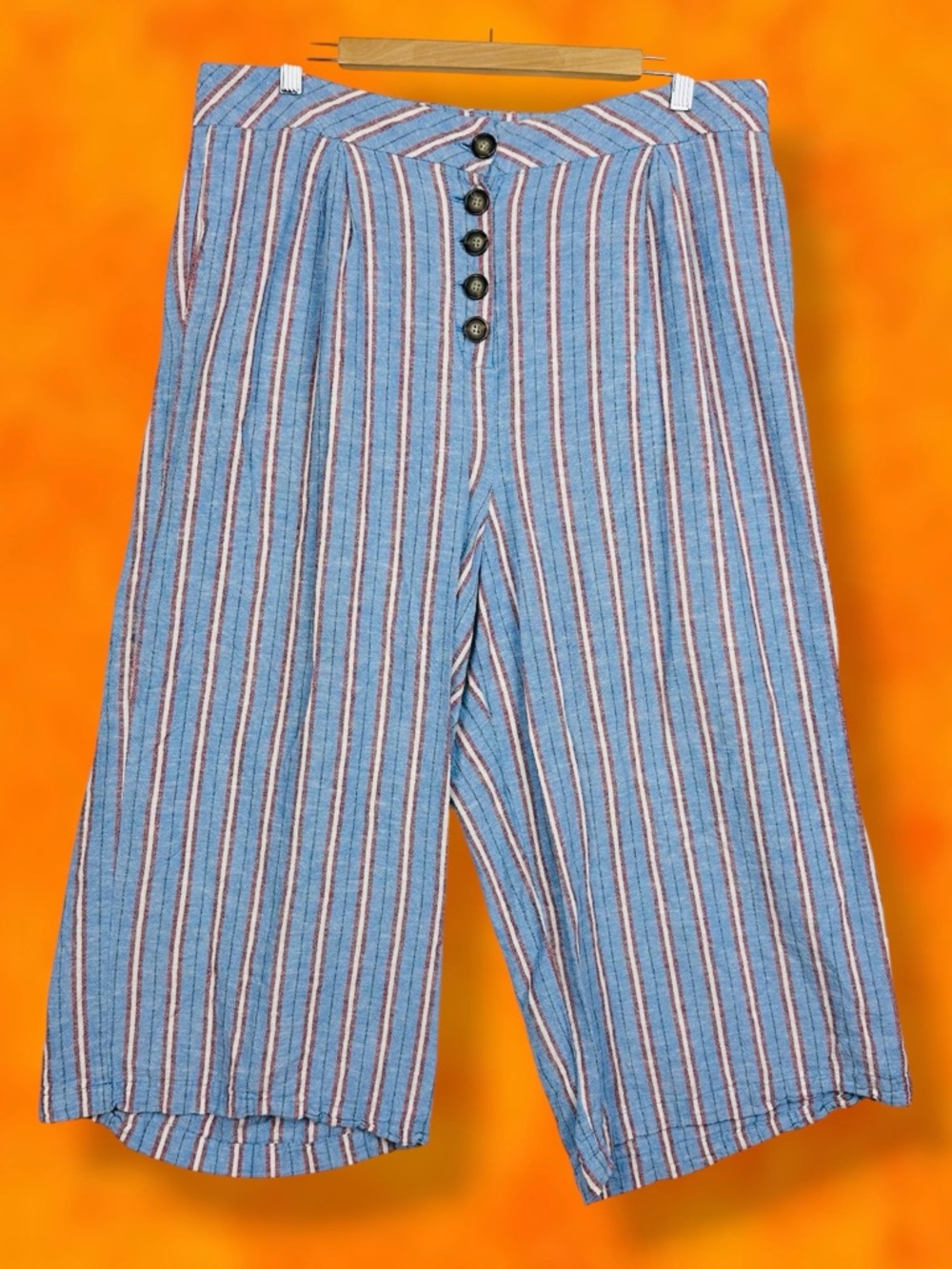 Cali 1850 Boho Linen Striped High Rise Button Fly Wide Leg Cropped Pants Blue